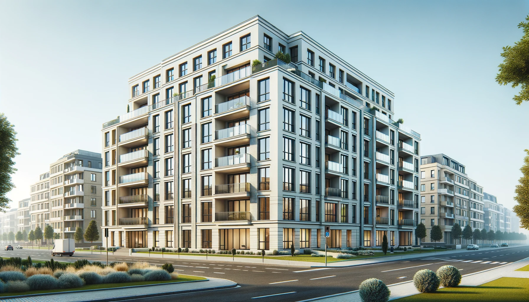 DALL·E 2023-11-02 17.57.42 - A wide architectural visualization of a modern European-style apartment building with exactly five floors, presented as if by an architect to a develo