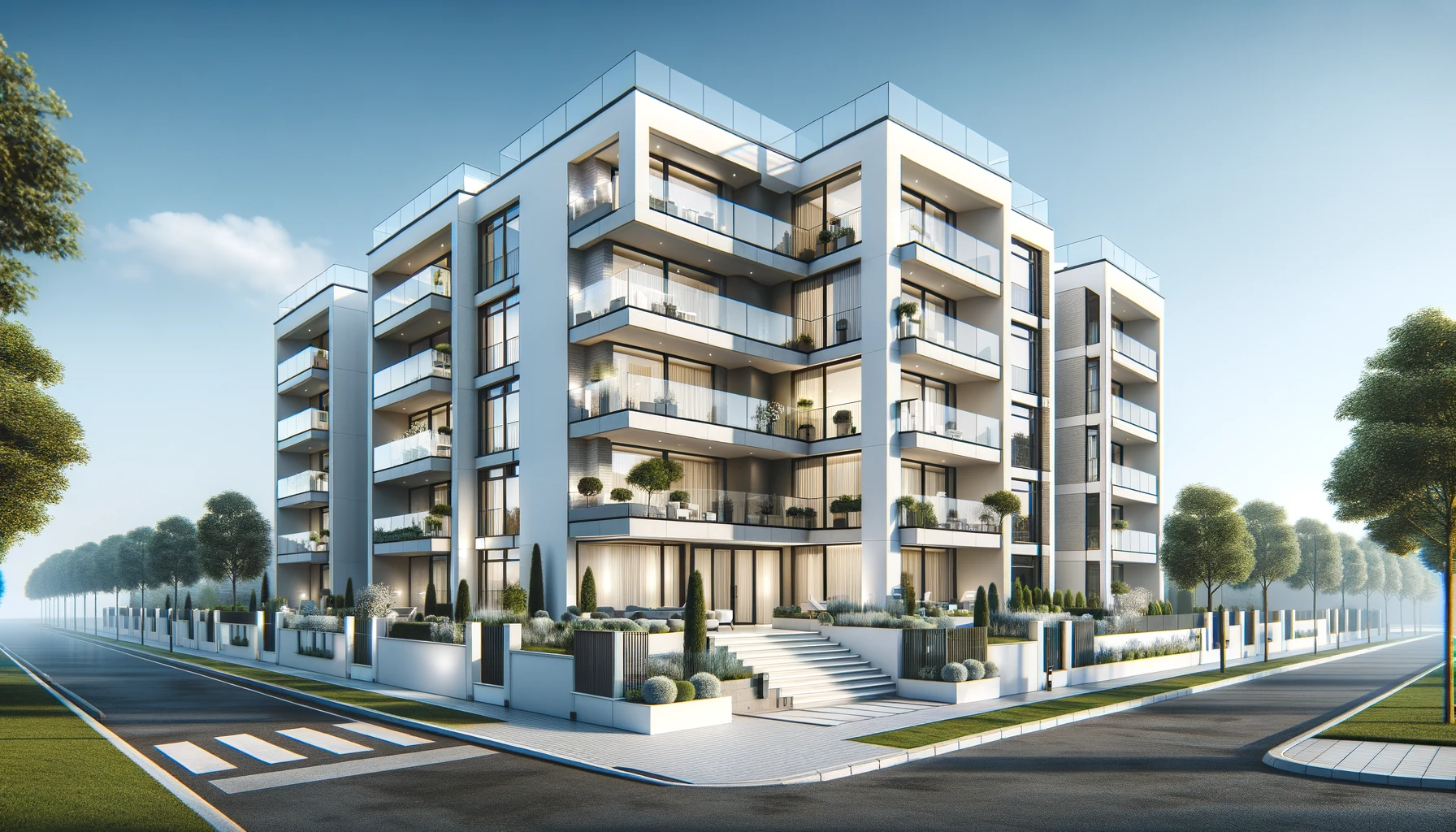 DALL·E 2023-11-02 18.01.16 - A wide architectural rendering of a contemporary, private European-style apartment building with a maximum of three floors. The building should featur